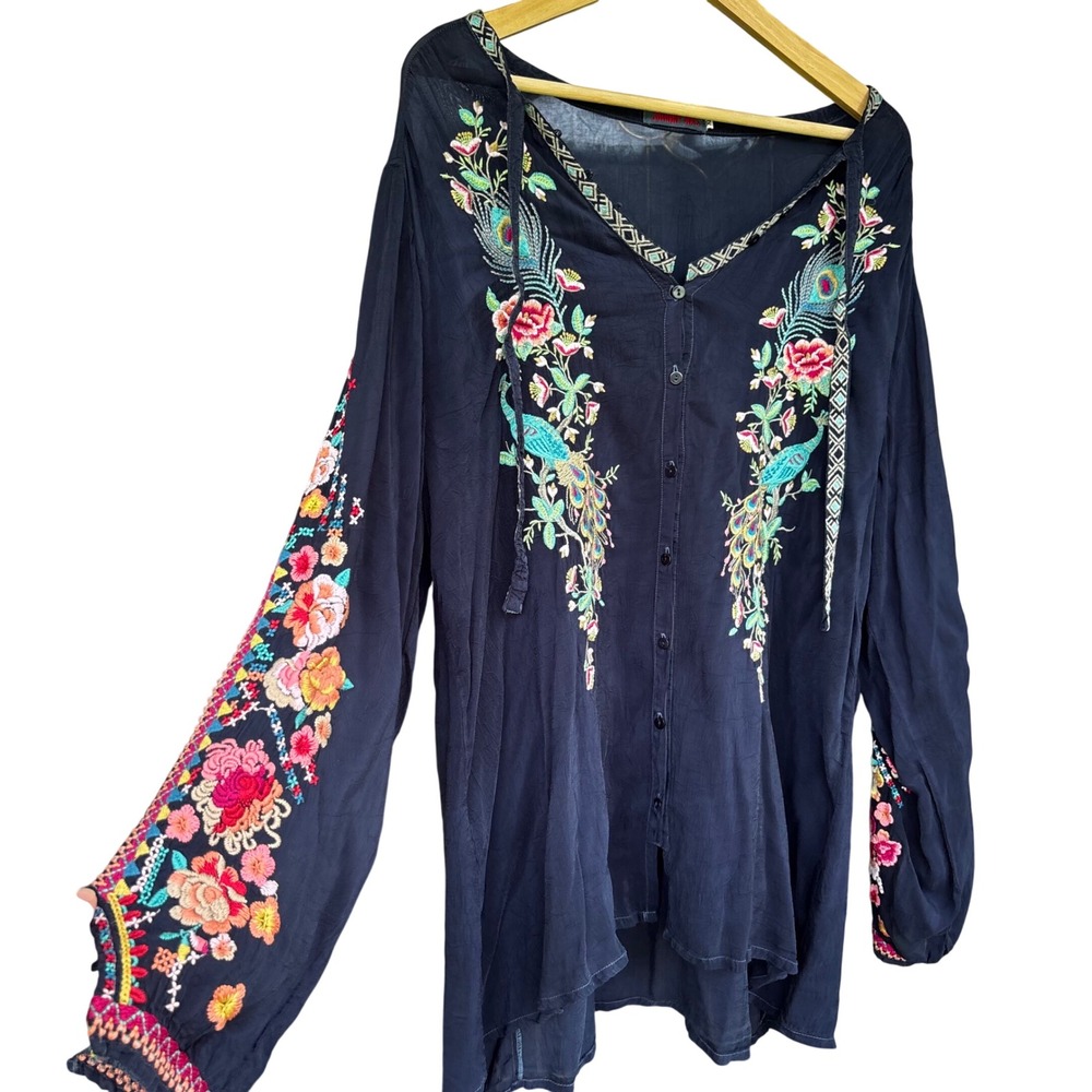 Johnny Was Embroidered Tunic XL Peacock Colorful Artisan Boho Chic Resort